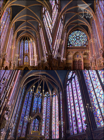 Collage of the upper floor of the Sainte Chapelle. It shows different angles of the long gothic windows, covered in colourful glass