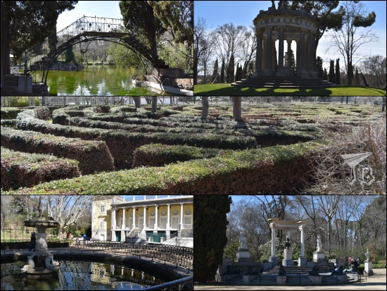 Collage of different park decoration: a bush labyrinth, a fountain, and some decoration reminding of Greek temples.