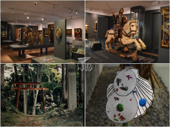 Museum of Pilgrimages. A collage that shows a wooden statue of Santiago on a white horse, sword raised; other depictions of Santiago as pilgrim; some paper scallops decorated by kids; and a Japanese sacred gate.