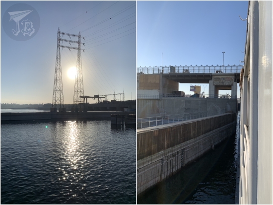 Collage: Sun rising behind the floodgate at Esna. The motorboat entering the floodfate: a mass of white iron coming close to a cement wall on water