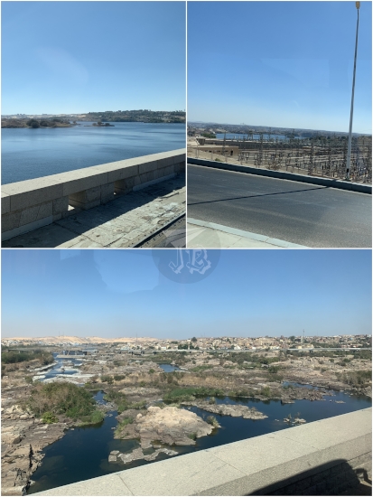 Views from the low Aswan Dam: southern side calm waters and power plant; northern side rapids