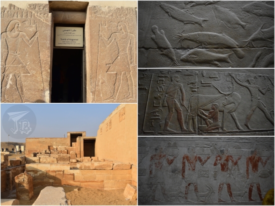 Mastaba of Kagenmi. Collage showing the narrow entrance, flanked by two carved warriors. A view of the walls of a reddish building. Carving on walls, some of them coloured, showing fish, a cow being milked, and Ancient Egyptian people carrying offerings