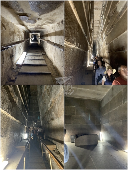 Inside the Great pyramid: a very long narrow and low passage that feels claustrophobic, two shots of the Great Gallery, A-shaped; a picture of the mortuary chamber, with the naked pharaoh's sarcophagus inside.