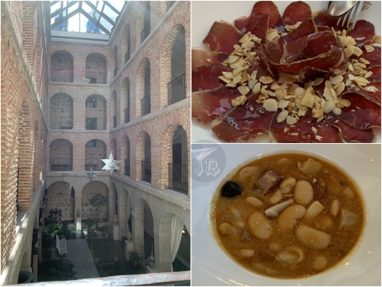 Collage of the inner patio of the Parador building + lunch: dried meat and a bean stew